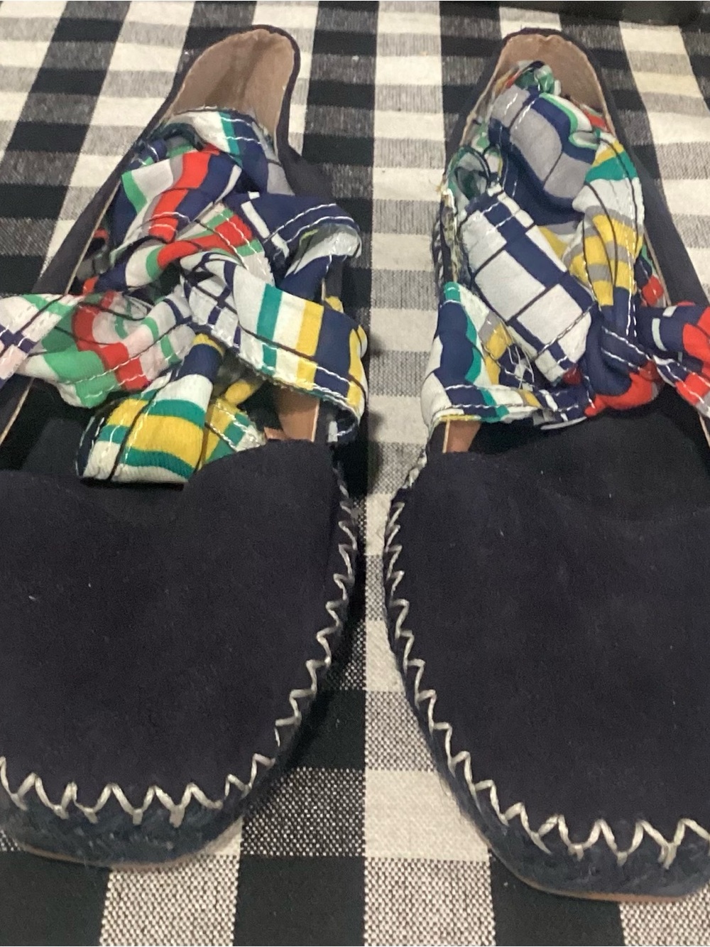 Zara Navy Suede Moccasins with Multicolor Scarf Accent